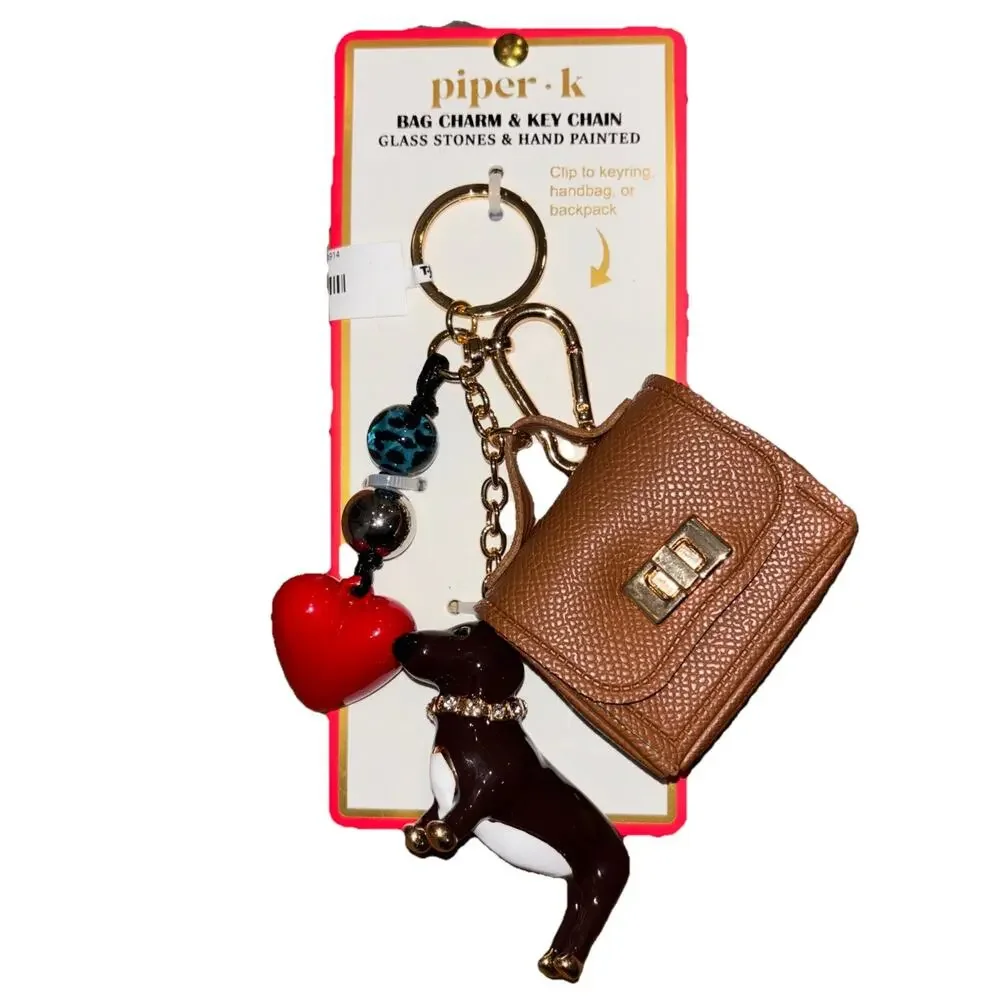 Piper K Dachshund Doxie Bag Charm & Key Chain Heart Purse Glass Stones New